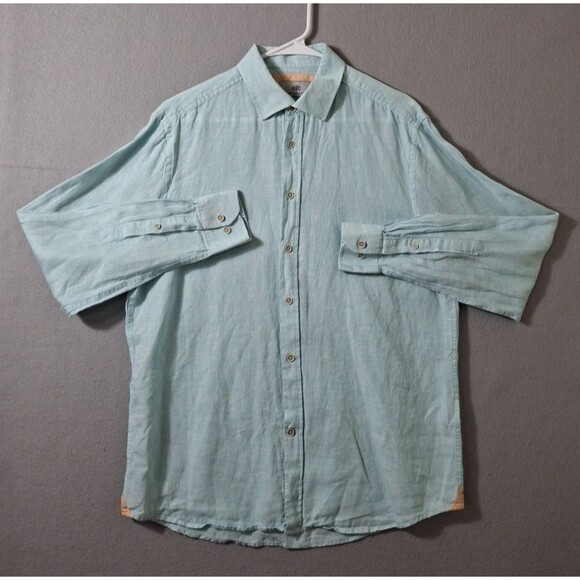 Report Collection Resort Shirt Men L Seafoam 100% Linen Long Sleeve Button Up - Picture 1 of 8